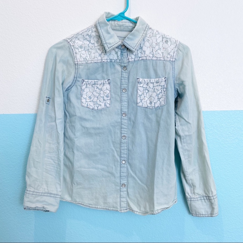 Justice Light Blue Button up Top with Lace Details